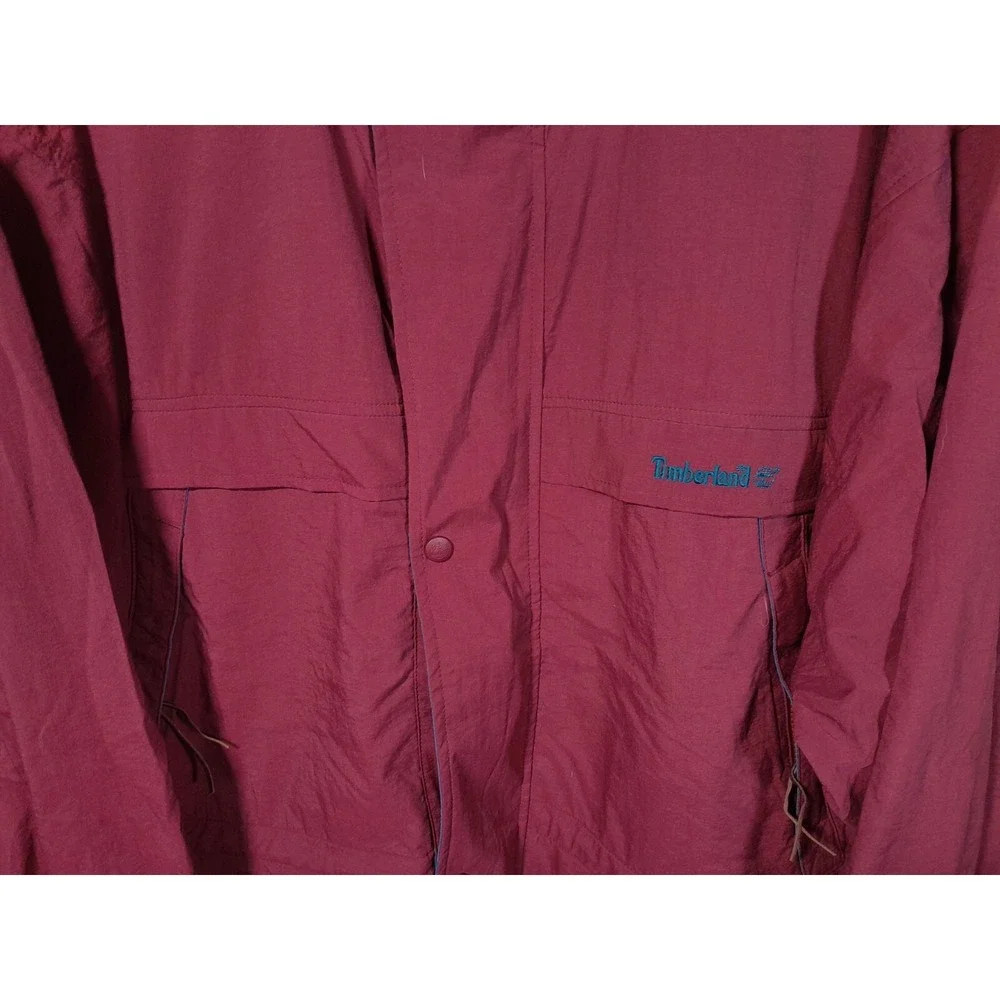 Timberland Rain Jacket Mens Burgundy Teal XL Vintage 90s Weathergear Hooded Coat